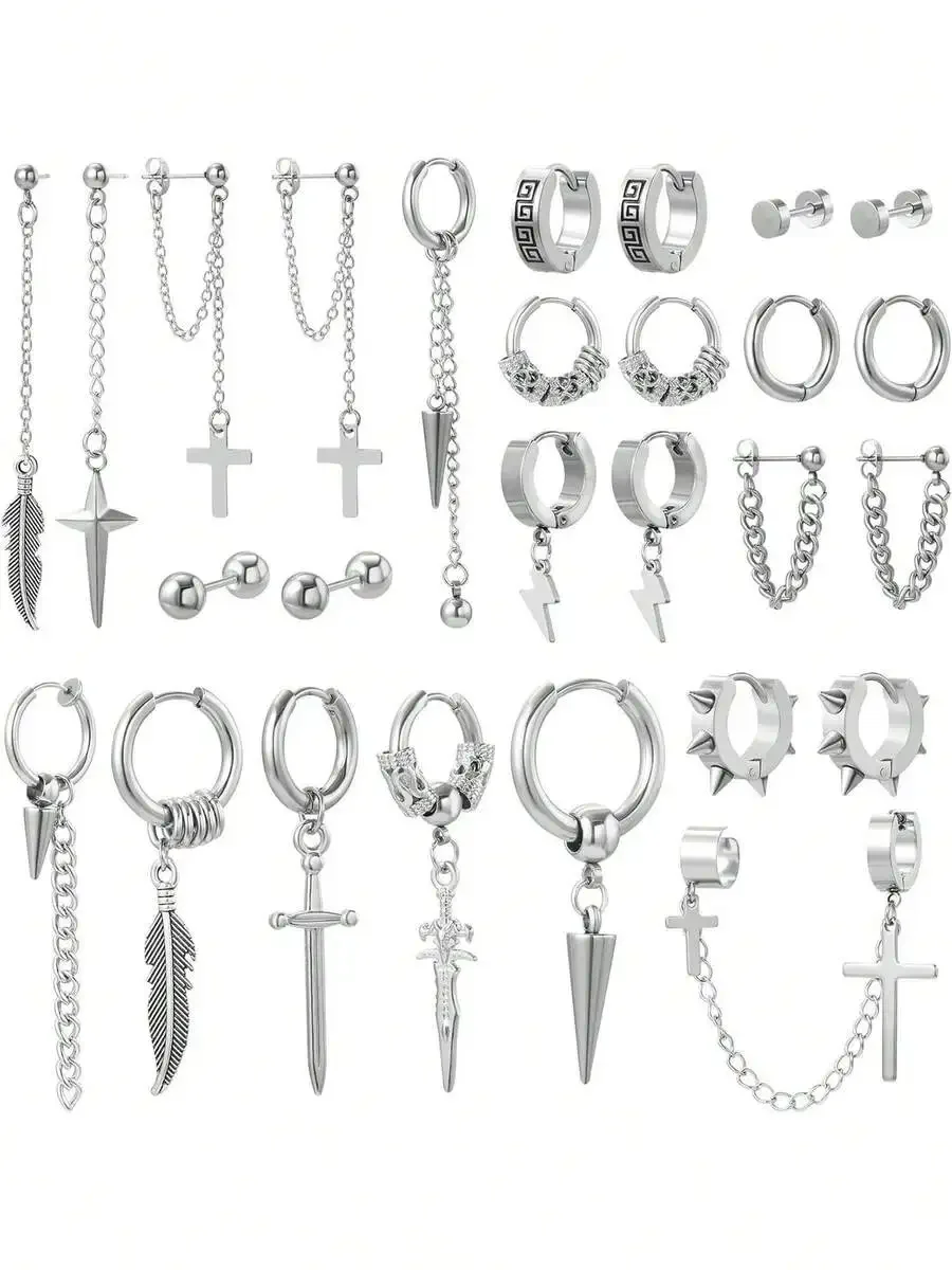 

27-Piece Stainless Steel Men’s Earring Variety Pack: Hoops, Cuffs, Chain Dangles Featuring Cross, Feather, Spike, And Dagger