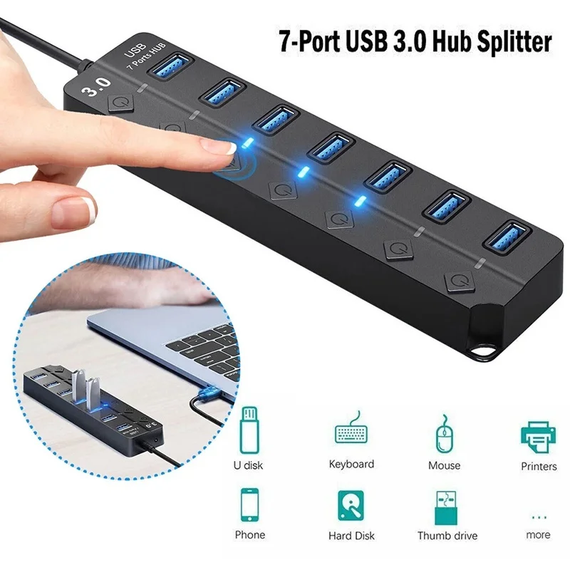 7 In 1 USB 3.0 Hub Multi USB Splitter Hub USB Power Adapter Multiple Expander USB 7 Port Hub With LED Lamp Switch For PC Laptop
