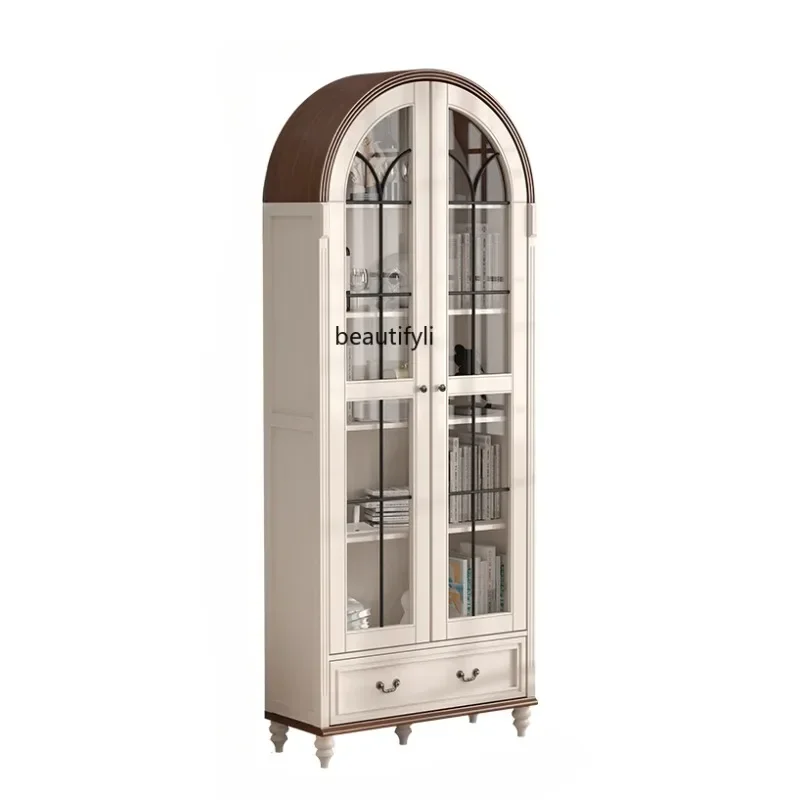 

American Light Luxury Retro Ultra Narrow Single Door Double Door Bookcase Solid Wood with Arch Glass Door Shelf