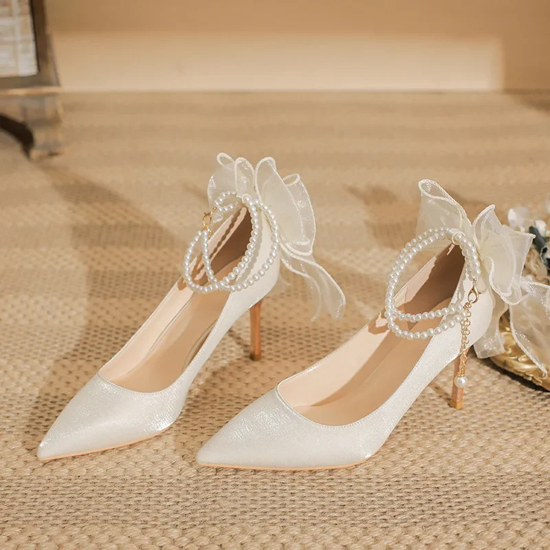 

8cm New Fashion Shallow Mouth Pumps Satin High Heels Wedding Bride Women Apricot Shoes 39 40