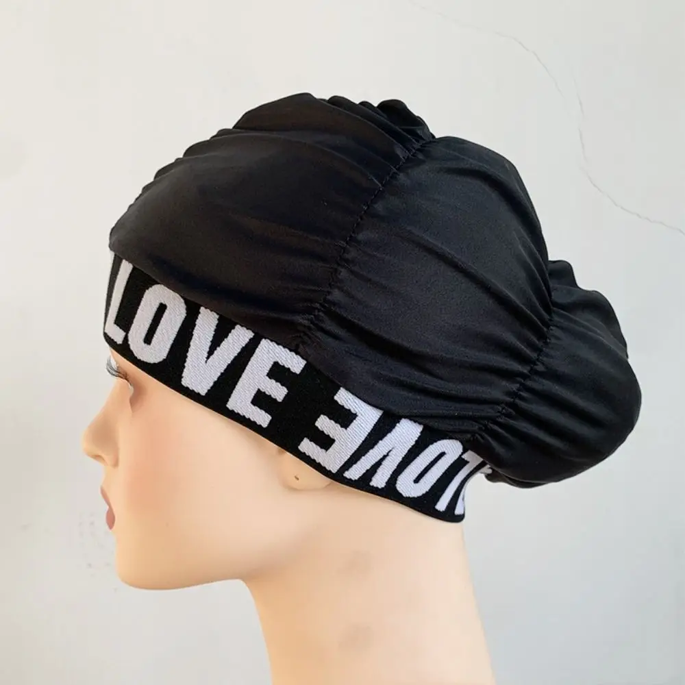 Letters Love Pleated Swimming Caps Pleated Ear Protect Love Printed Swimming Cap Elastic Long Short Hair