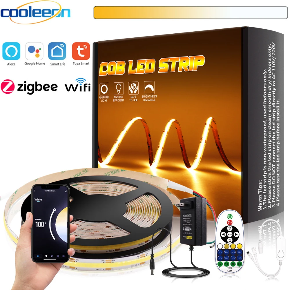 Tuya Zigbee Wifi CCT COB LED Strip Light Kit 5mm 10mm Color Temperature Dimmable Supports Alexa Google Alice Room Decor