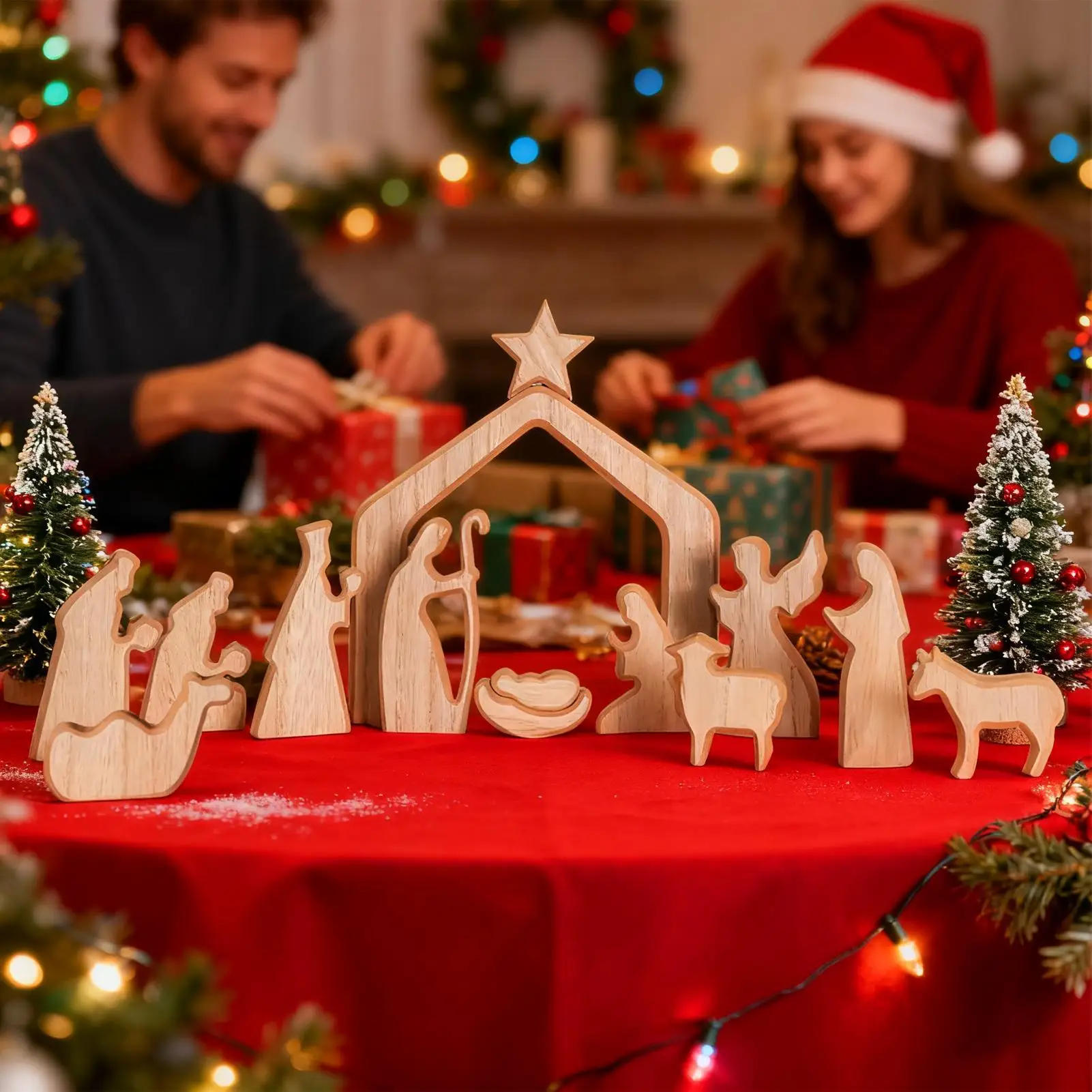 Nativity Set Wooden Religious Christmas Statue Ornament Miniature Nativity Scene Statue For Tabletop Cabinet Bookshelf Fireplace