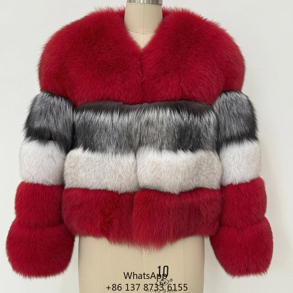 

Factory Price Real Natural Silver Fur Jacket Winter Luxury Color Blocking Fluffy Short Genuine Fox Fur Coat