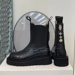 Platform Metal Decoration Chelsea Boots Round Toe Height Increasing Pull On Casual Black Fashion Booties 2024 New Arrival Winter
