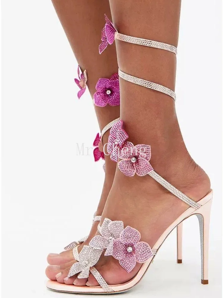 

Sexy High Heels Gladiator Sandals Women Snake Twine Around Ankle Strap Flower Wedding Shoes Stiletto Summer Sandalia Woman