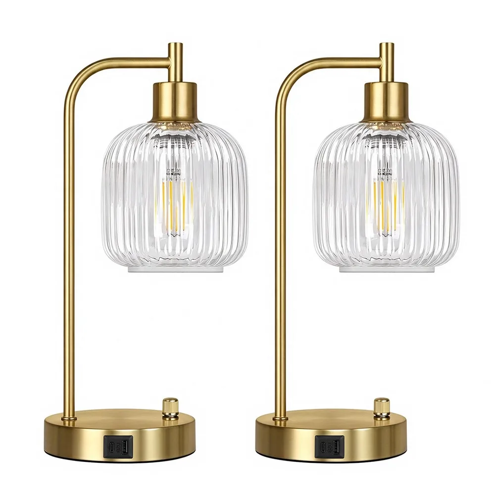 Set of 2 Glass Table Lamps, Dimmable Bedside Lamps for Bedroom, Modern Table Light for Living Room