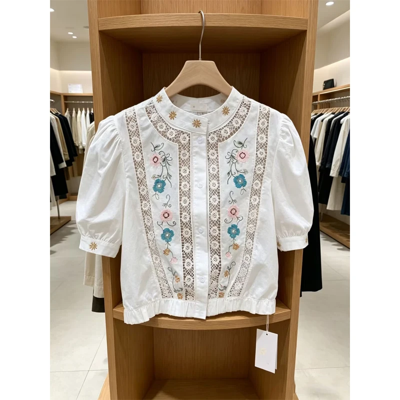

Lace Embroidered Hollow out Stand Collar Bubble Sleeve Shirt Women's Short Sleeve Summer New Korean Style Floral Print Top