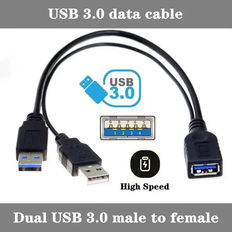 Dual USB 3.0 Extension Cable, Dual A Male to A Female Male to Female Adapter, Data Cable With Auxiliary Power Supply USB