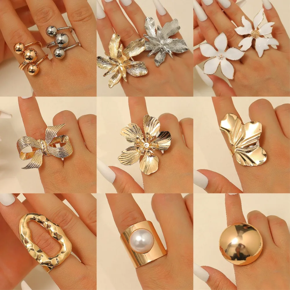 Vintage Irregular Leaf Flower Rings for Women Open Adjustable Geometric Bow Metal Ring Wedding Party Gifts Jewelry Accessories