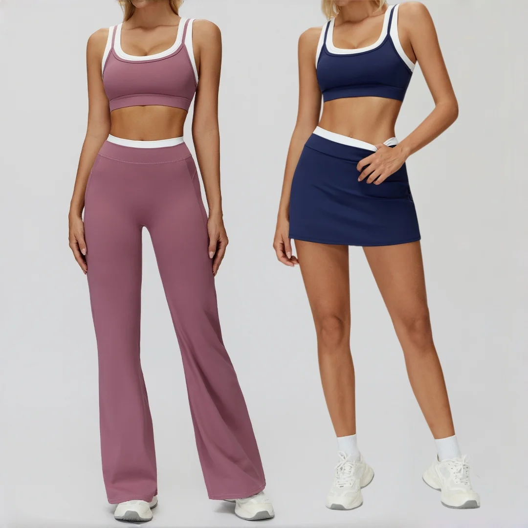 

Women's Fake Two-Piece Color-Block Backless Yoga Set Ribbed High-Waist Peach Hip Casual Running Versatile Fitness Sports Set