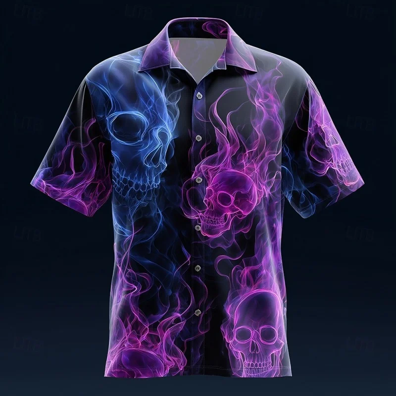 

Skeleton Flame Pattern Hawaiian Shirt For Men Gradient 3D Printed Short Sleeves Summer Street Blouse Surf Beachwear Aloha Shirts