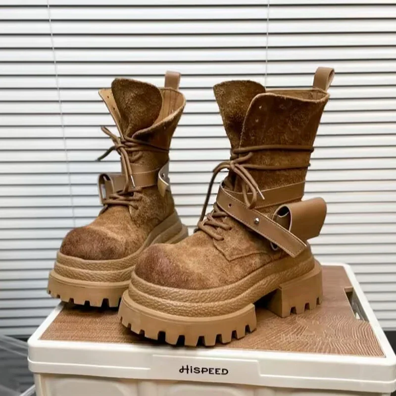 الخريف والشتاء أحذية قصيرة جديدة للنساء، البريطانية سميكة سوليد عالية الارتفاع منتصف طول الأحذية، المألوف الرجعية متجمد أحذية قصيرة #2