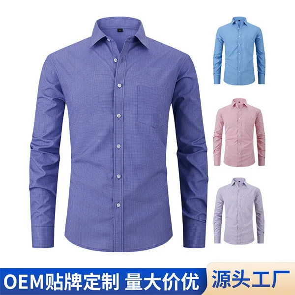 

Spring and summer new collection, vintage men's checkered shirt, business dress, solid color, lapel, checkered shirt