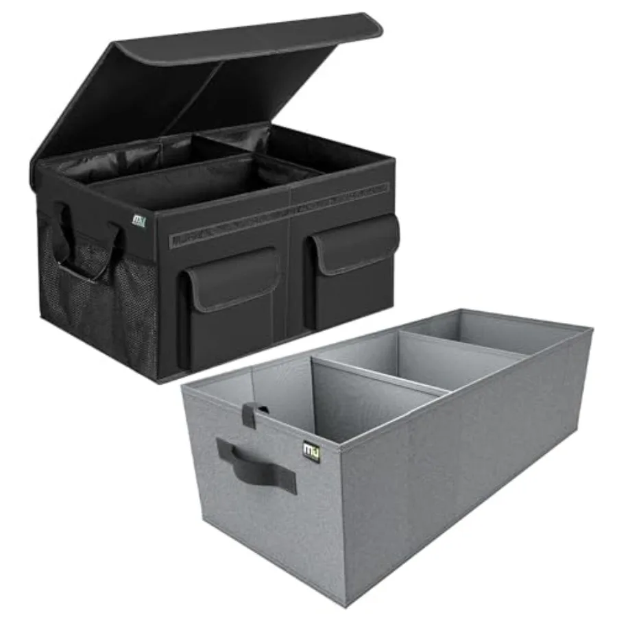 

Car Trunk Organizer for Sedan SUV, Collapsible Cargo Storage Container with Strap Handle, Black, Heavy-Duty Fabric Reinforced S