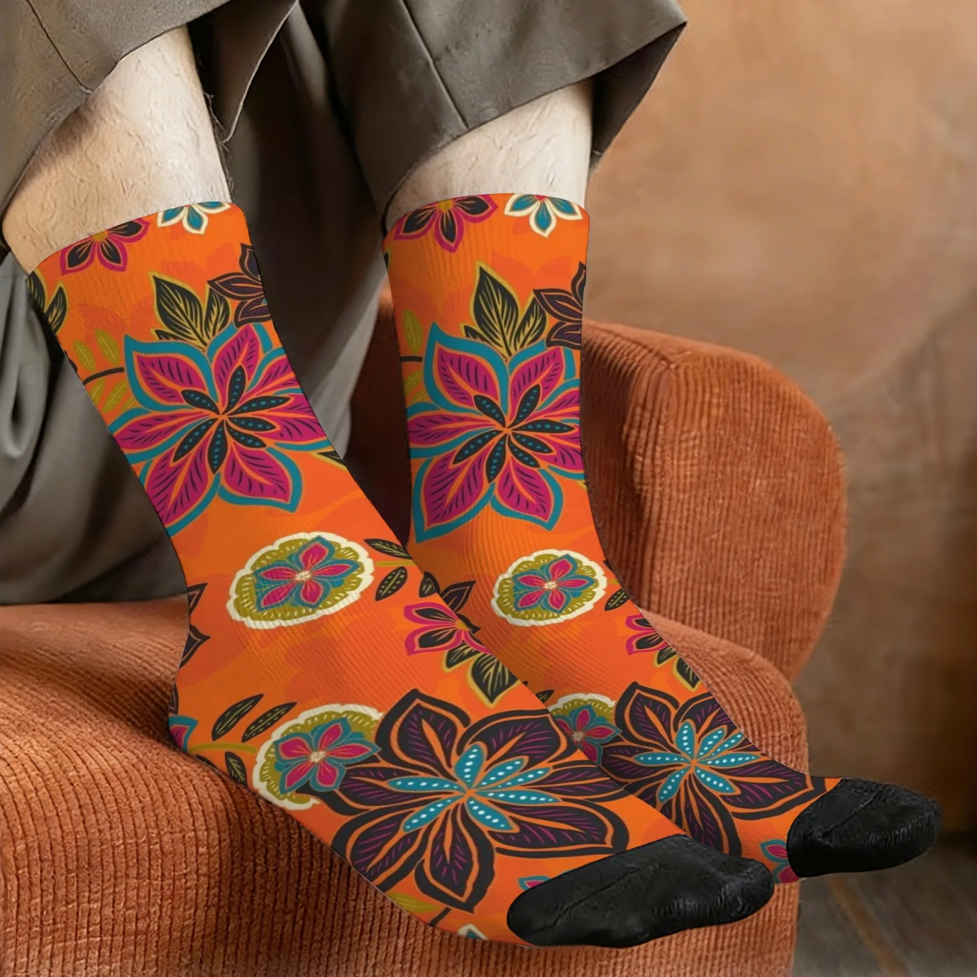 

1 пара винтажных мужских носков с цветочным узором в стиле 70-х годов с ретро-цветочным дизайном оранжево-серого цвета, новинка, узор носков для экипажа