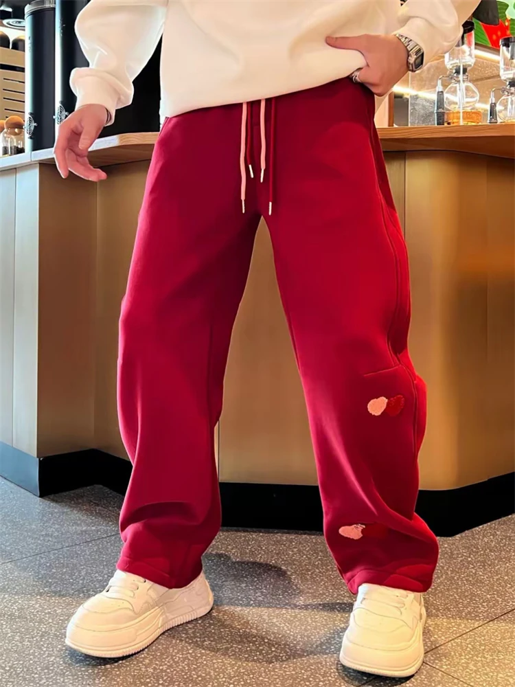 

High-End Fce-Lined Straight Leg Pants Men's Winter Faionable Casual Trousers with Patchwork And Knife Design