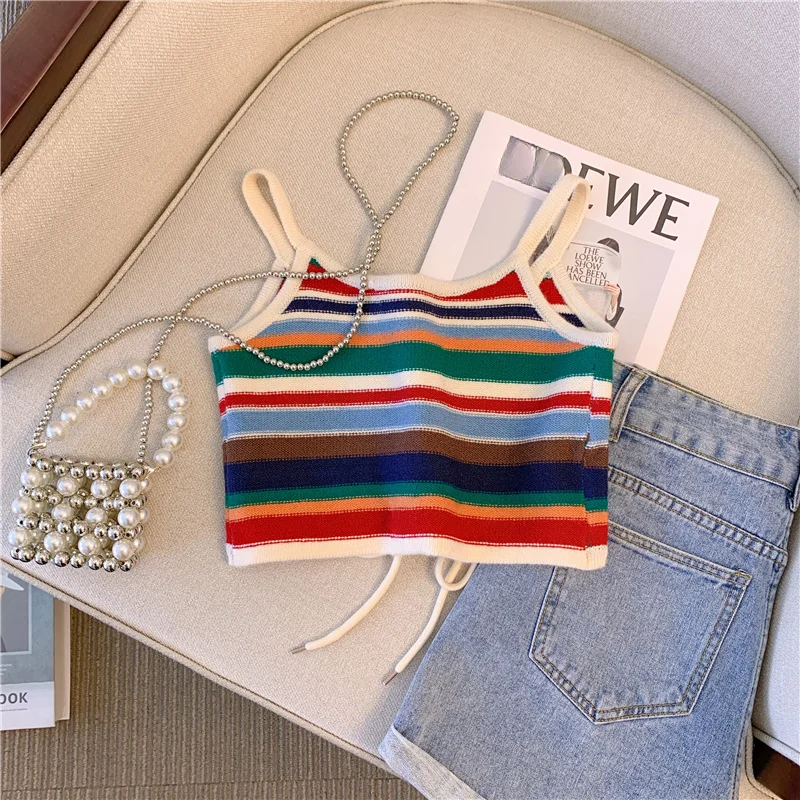 2024 Kolorowy tęczowy top spaghetti Casual Tie Front Scallop Trim Cami Top na lato Odzież damska Dzianinowy top w paski