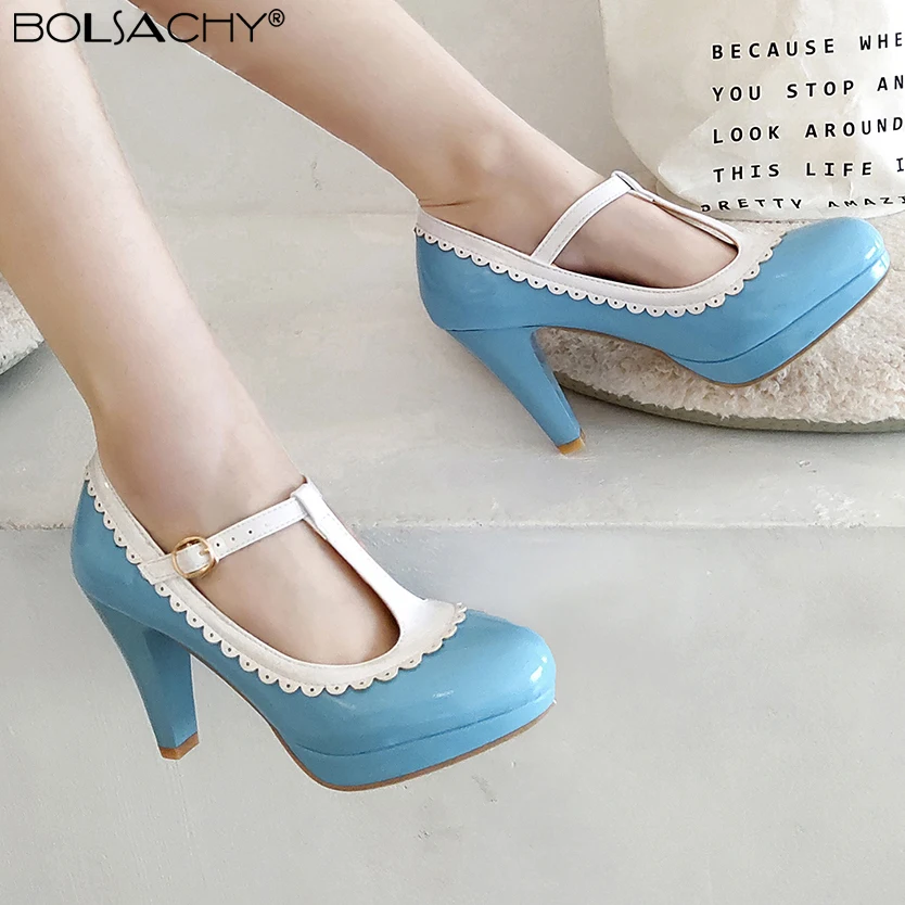 Zapatos Mary Janes con correa en T vintage para mujer, zapatos de tacón de charol azul, tacones de plataforma para mujer, calzado para mujer, Sandalias De Mujer