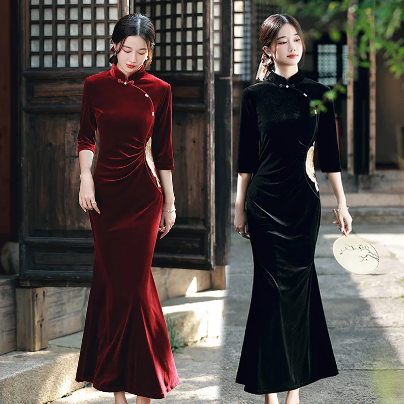 Elegant Long Cheongsam Fishtail Autumn Clothing Women's Improve Chinese Style Velvet Embroidered Dress Slim Fit