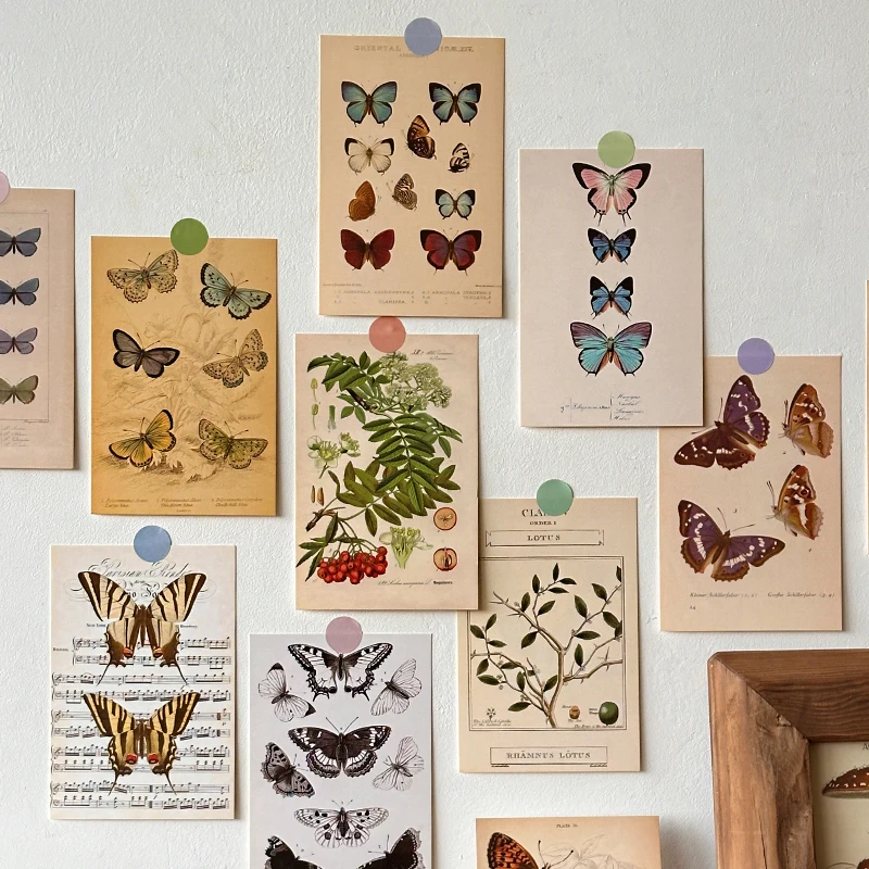 30 Sheets Retro Art Wall Stickers Decoration Mushroom Butterfly Card Wall Stickers Vintage Nature Biologist Room Bedroom Decor