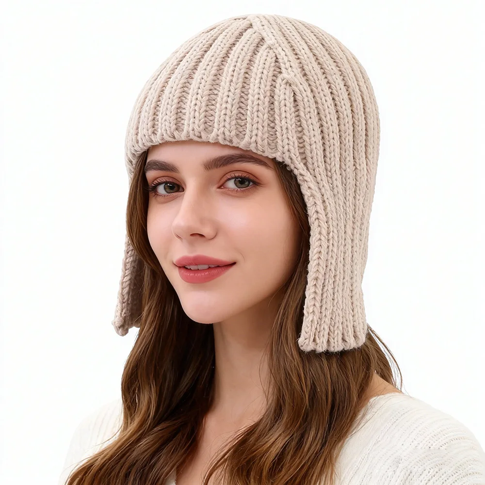 Hot Girl Perücke Strickmütze für Damen, warmer Gehörschutz für Herbst und Winter, Kopfbedeckung, modische Wollmütze im Einkaufsstil – Detail 9