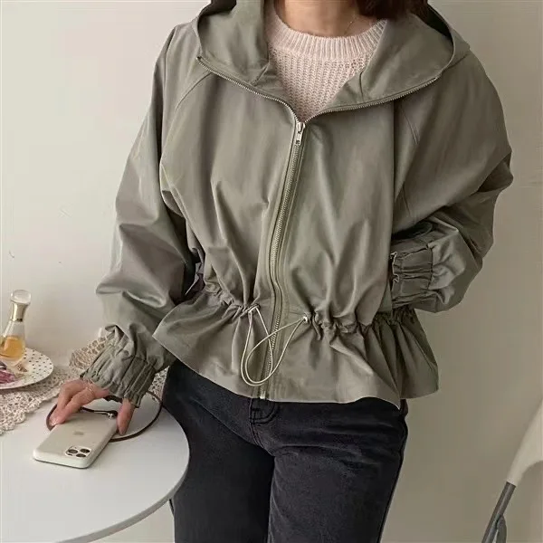 

Women's Hooded Jaet Outerwear Zipper Waist Cinching Long Sve Casual Spring Autumn Faionable Cotton Ox Fabric