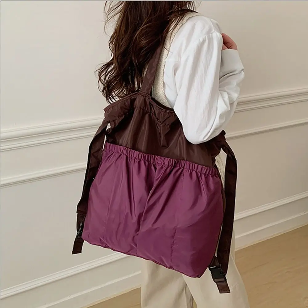 Large Capacity Foldable Backpack Reusable Patchwork Color Clash Travel Drawstring Bag Comfortable Handle Multi-functional