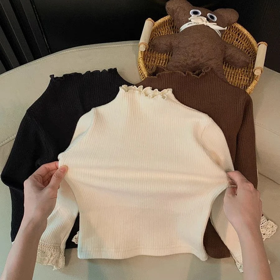 

Топ на толстой подошве для девочек, осенне-зимняя новая коллекция, топ с кружевными рукавами для маленьких девочек, зимнее модное теплое нижнее белье, одежда для девочек