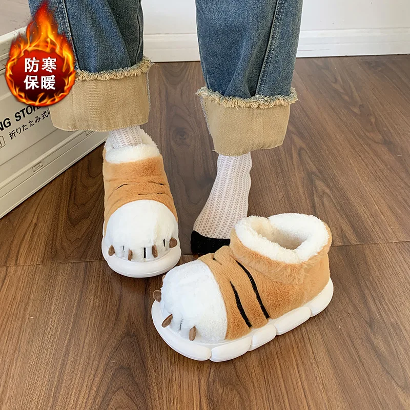 Cute Cartoon Fluffy Slippers For Women Men Winter Warm Shoes Indoor Home Floor Style Soft Plush Tiger Paw Couples Cotton Slipper