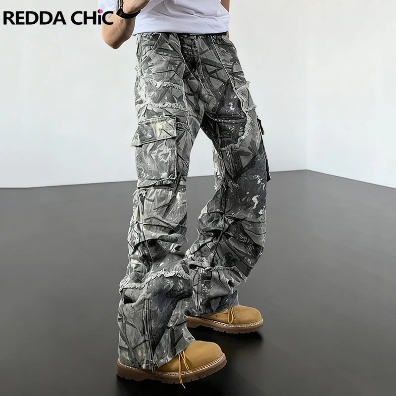 

REDDACHIC Ретро камуфляжные джинсы-карго для мужчин с несколькими карманами и необработанными краями, свободные прямые широкие брюки, большие размеры, уличная одежда в стиле хип-хоп