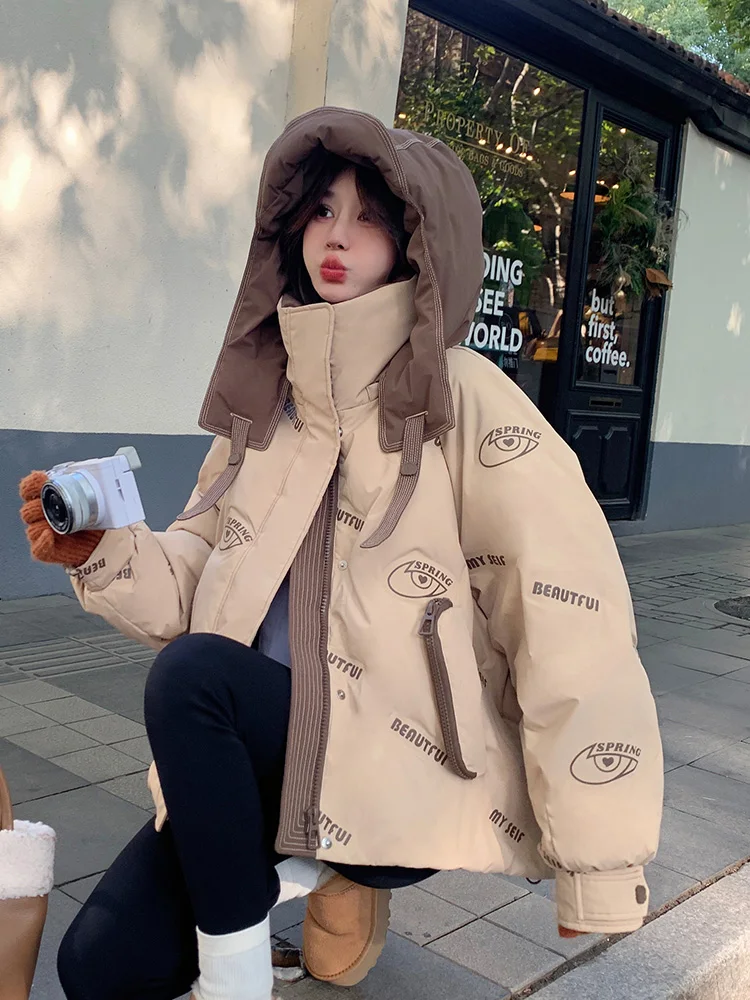 

Women's Hooded ort down Cotton Jaet Thiened Winter Outerwear Sli Small Bread Korean Sle Loose Fit Zipper