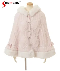 Japanese Sweet Double-Layer Large Ribbon Design Hooded Sweater Coat 2023 Winter New Soft Thickened Knitted Cloak Three Colors