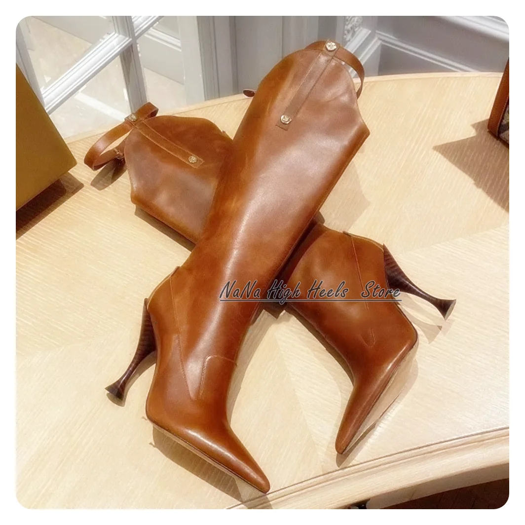 Fashion Women Leather Pointed Toe Brown Knee High Boots Luxury Zipper Rome Soft Autumn Boots Lady Sexy Unique Shoes New