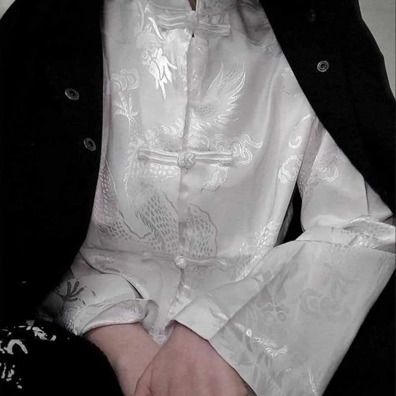 Women Mandarin Collar Frog Button Loose Chinese Traditional Blouse Long Sleeve Tang Suit Top Satin Jacquard Dragon Pattern Shirt