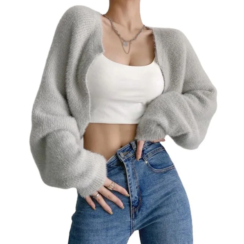 Women\'s Solid Color Knitted Cardigan Slouchy Style Cropped Mink Fleece Sweater Outer Wear Girly Casual Cropped Shawl Coat