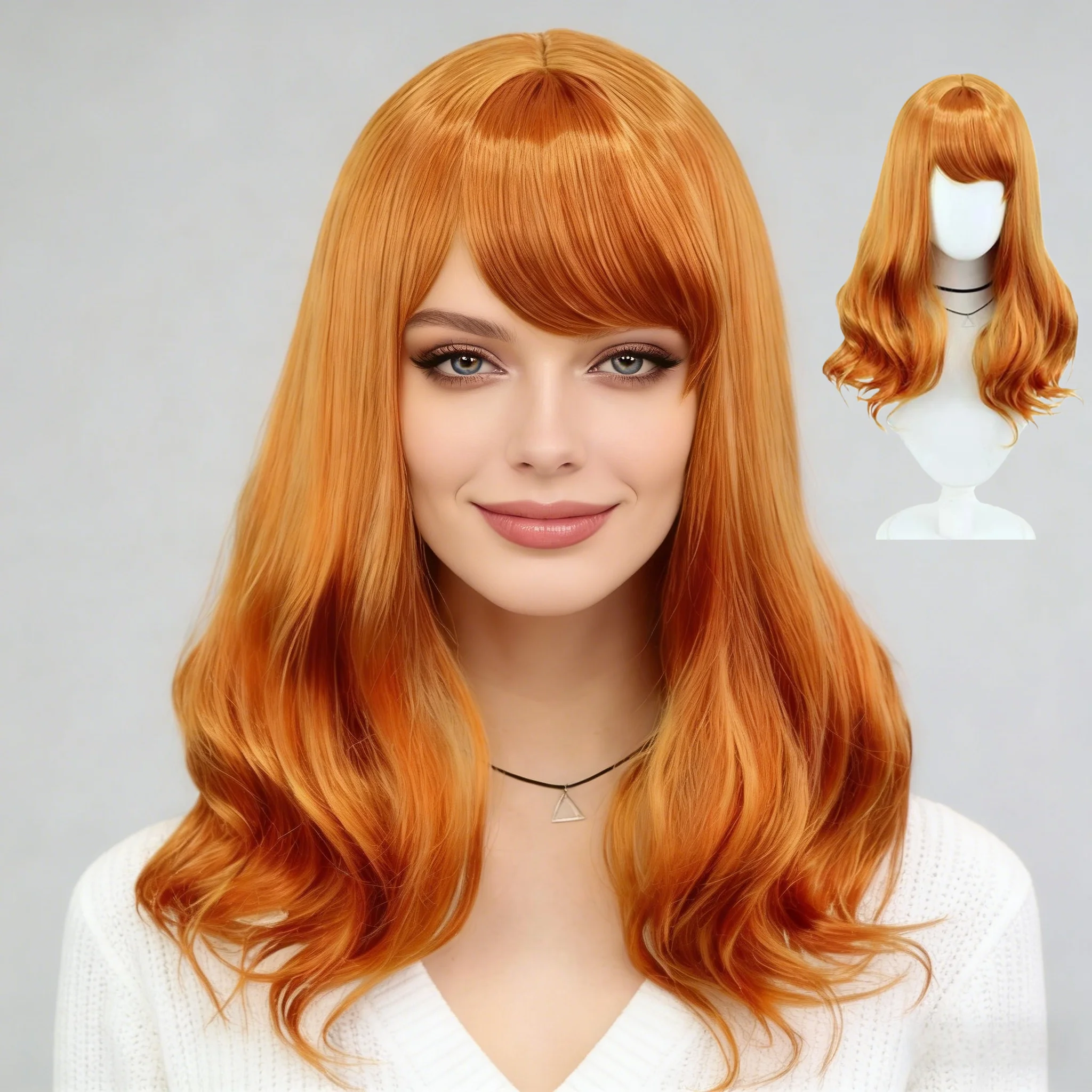 

Яркий мандариновый длинный вьющийся синтетический парик, стиль с завитыми концами, шелковистая и глянцевая текстура, подходит для ежедневных прогулок и косплея