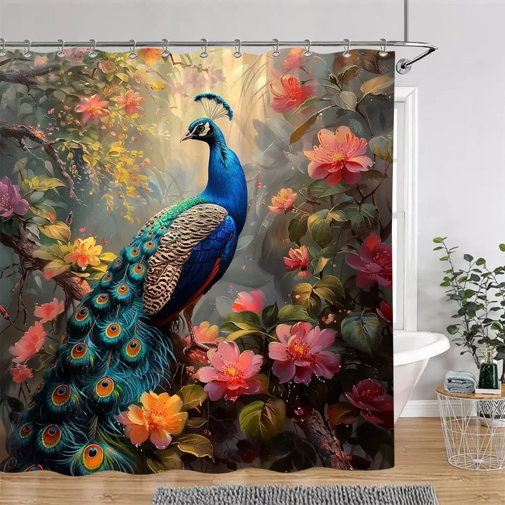 Peacock Shower Curtain Botanical Tropical Palm Leaves Jungle Wildlife Watercolour Art Creative Shower Curtain Bathroom Decor Set