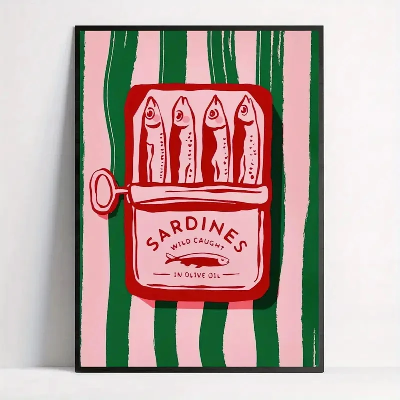 Vintage dibujos animados aceite de oliva sardinas arte de pared impresiones lienzo pintura póster imagen para sala de estar decoración del hogar