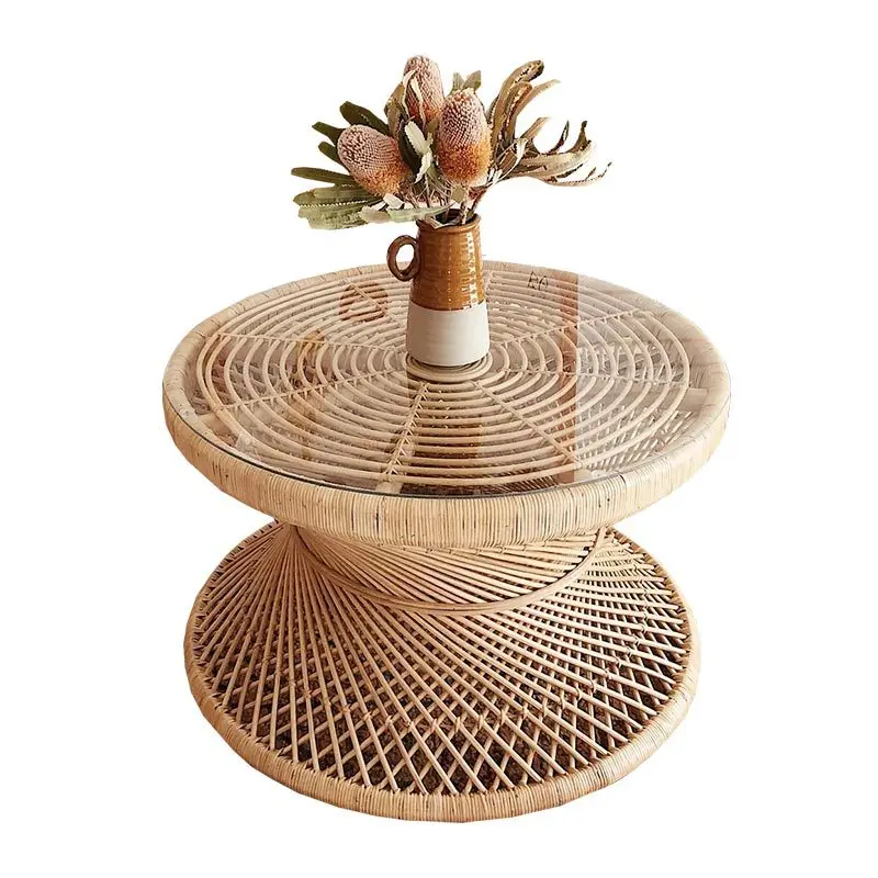 High quality best selling Pure Hand Woven Natural Rattan Wicker Side Table Round Coffee Table