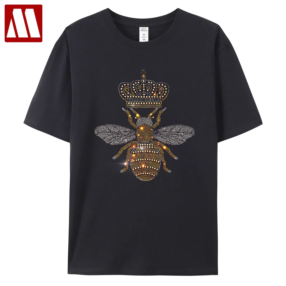 

Harajuku Casual Female T shirts Women Crown Bee Diamond T Shirts Fashion Beaded Black / White Rhinestones Ladies Cotton T-shirt