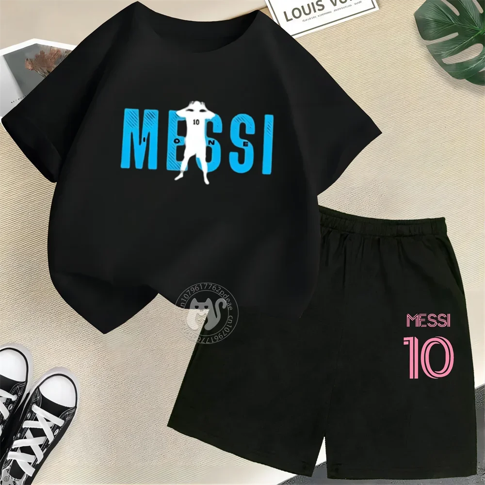 Creative Messi Letter Print Summer 100% Cotton T-shirt + Shorts Cartoon Fun Fashion Street Boys Girls casual comfort kids wear