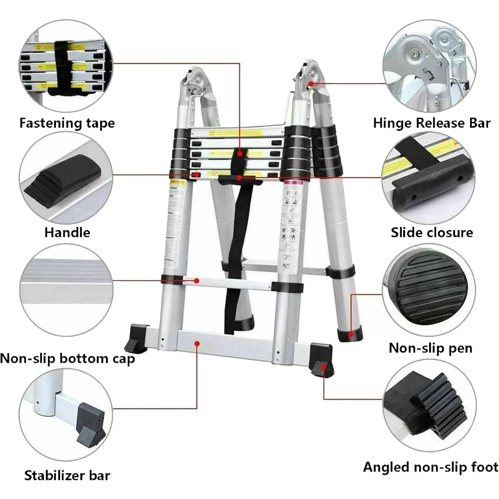 سلم تمديد ألومنيوم متعدد الأغراض مع قضيب تثبيت، 12.5 قدم، تصميم على شكل حرف A، يدعم 330 رطلاً