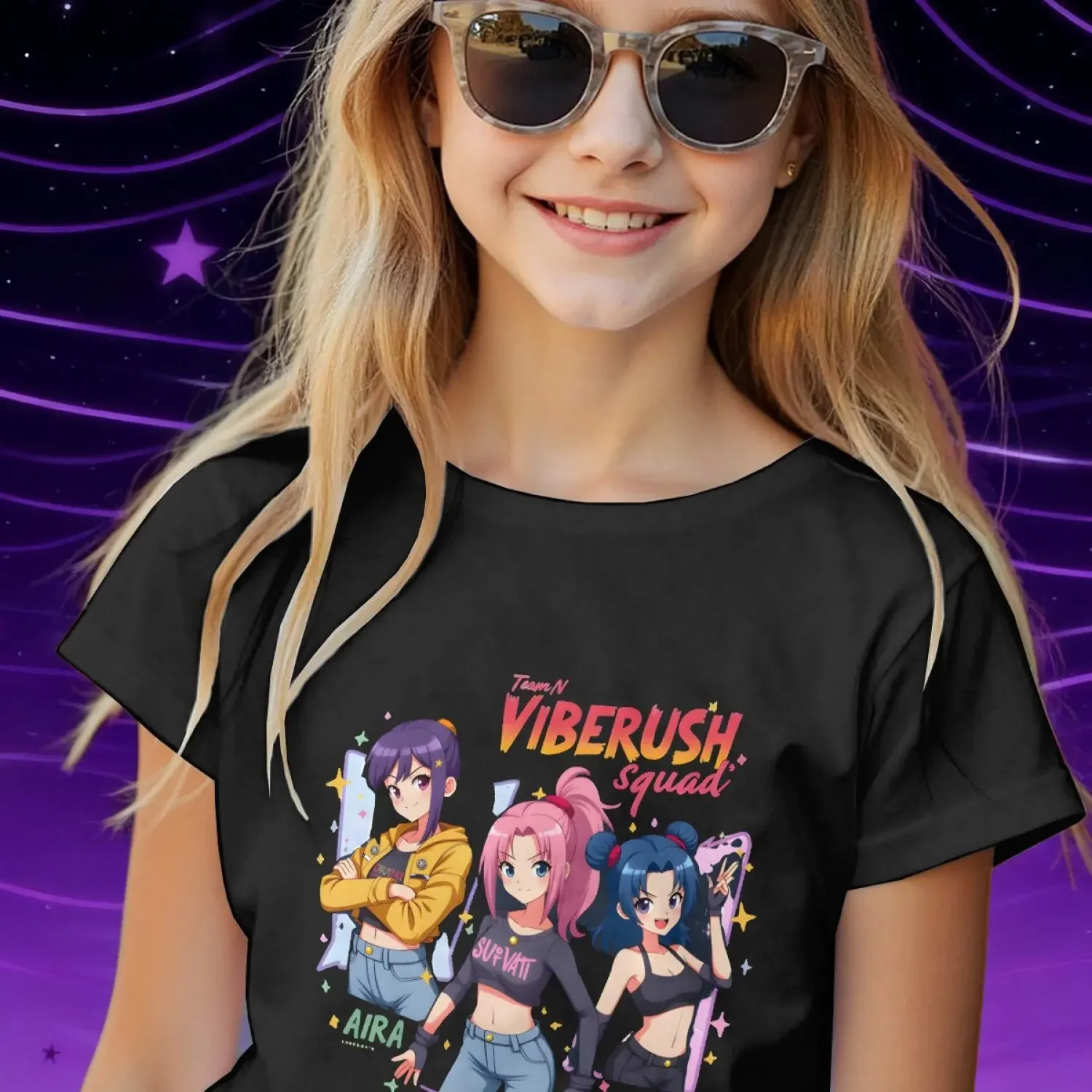 تي شيرت K-Pop للأطفال - شعار ومصور أعضاء مستوحى من مجموعة الموسيقى الكورية، أسود مع طباعة وجه مميزة باللون الوردي والأزرق #2