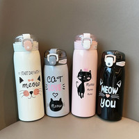 350ml/500ml Cartoon Cat Stainless Steel Vacuum Flask With Straw Portable Kids Thermos Mug Travel Thermal Water Bottle Tumbler