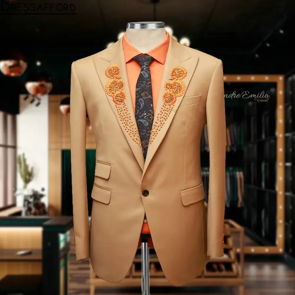 Champagne Beading Pearls Groom Wear Formal Men Suits 2 Piece Jacket And Pants Sets Smart Casual Business Blazer