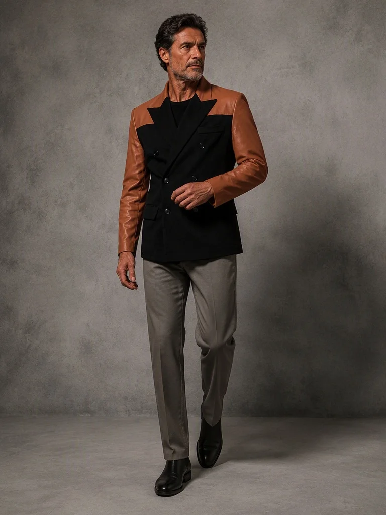 Men's Blazer Faux Leather Sleeve & Shoulder Peak Patchwork Lapel Double Breasted Suit Jacket for Party Banquet Formal Occasions