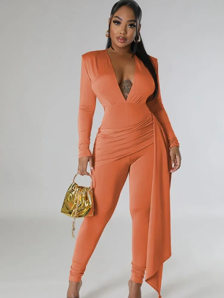 Sexy Deep V-neck Bodycon Jumpsuit Women Long Sleeve Ruched Ribbon Clubwear One Pieces Rompers and Jumpsuits Monos Mujer Elegante