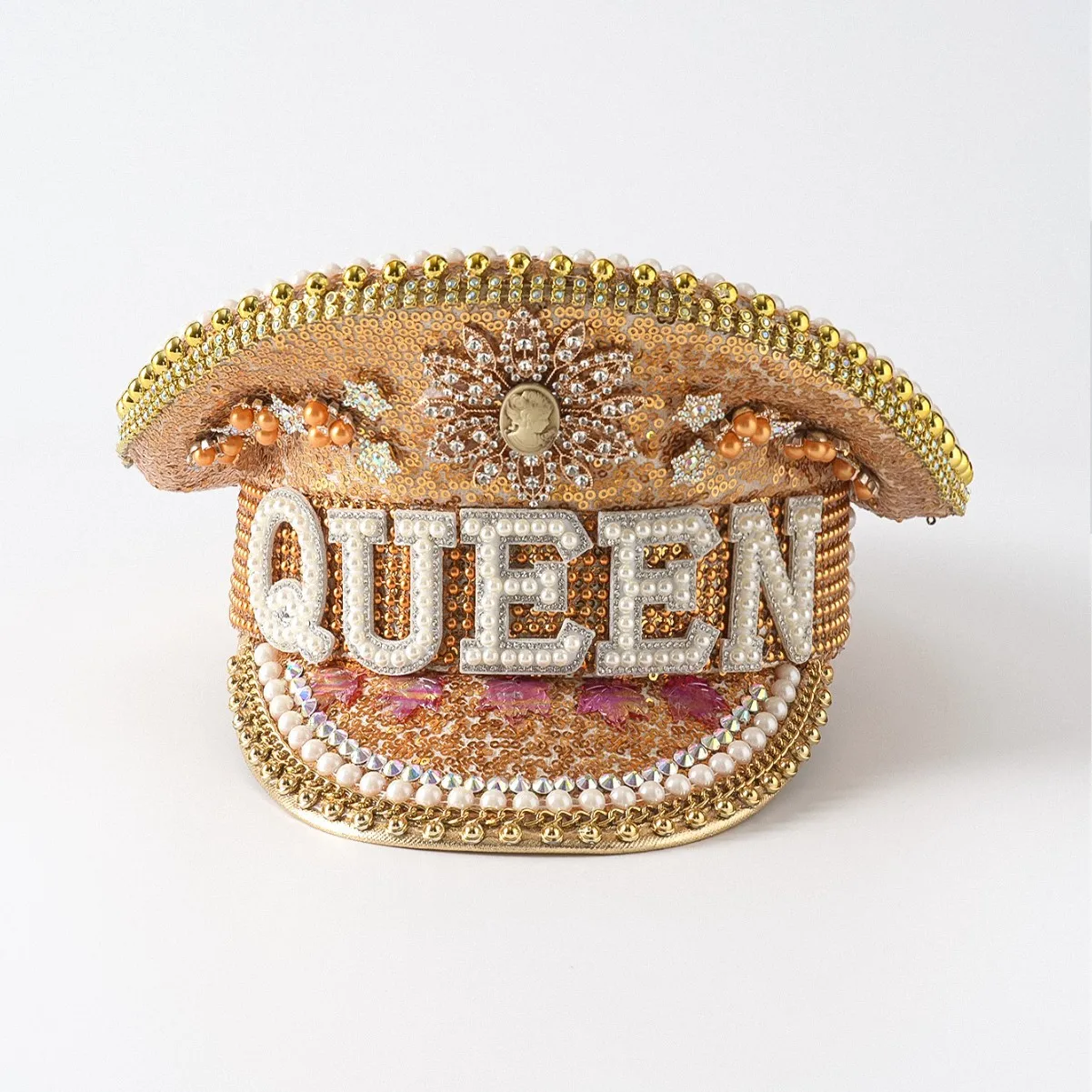 หมวกกัปตันหนังสีเหลืองเลเซอร์ HongLuan ประดับคริสตัลและหมวกทหารสำหรับผู้หญิง อุปกรณ์เสริมสำหรับงานเทศกาลดนตรีและหมวกปาร์ตี้สำหรับผู้ชาย