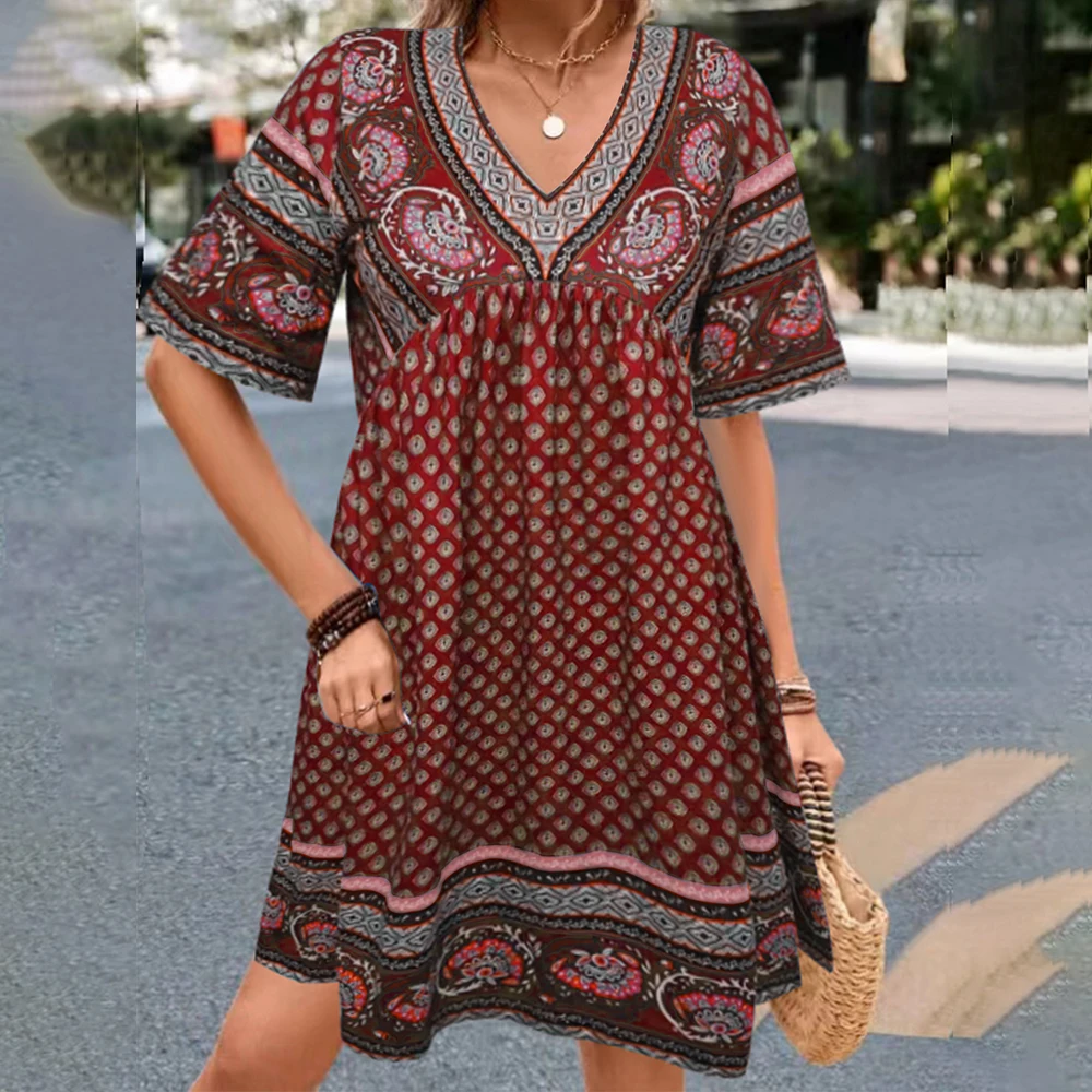 M L XL Vintage Dress for Women Clothing 2024 Summer Short Sleeved Printe Bohemian Beach Holiday Dress Female Slim Fit Mini Skirt